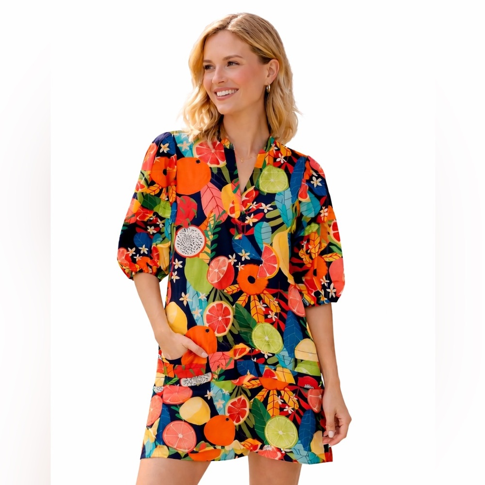 EUC!! Maude Vivante Freya Fruit Forest Midi Length Floral 100% Cotton Poplin